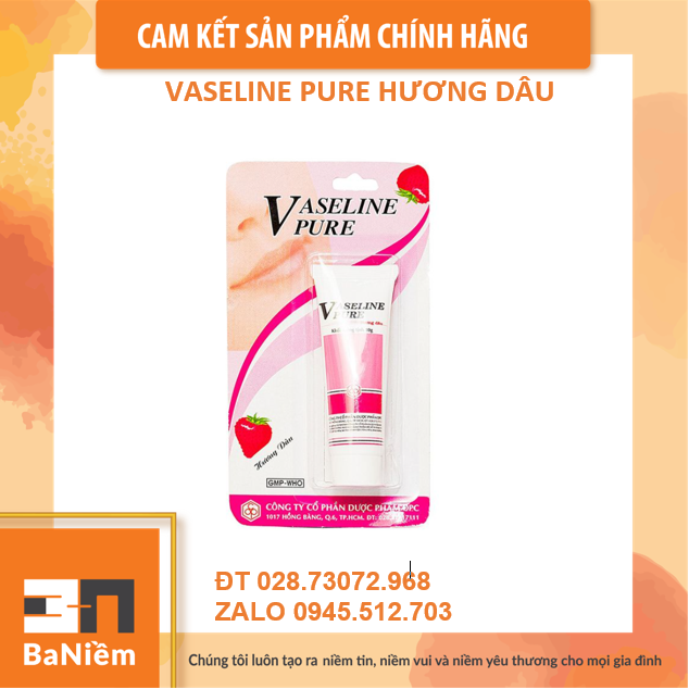 Son dưỡng Vaselin Pure hương dâu, Vaseline pure chống nứt nẻ, mềm môi tuýp 10g.