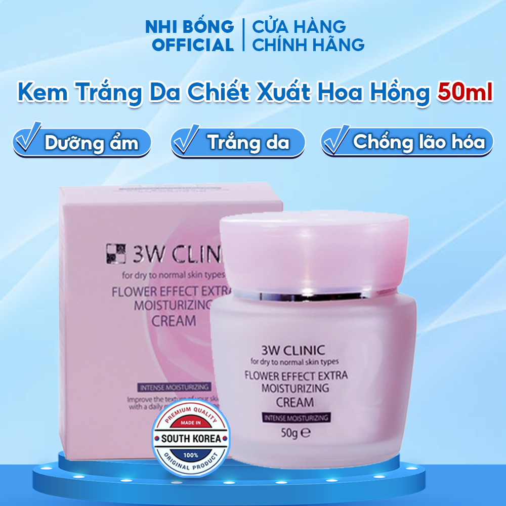 Kem Trắng Da Dưỡng Ẩm chiết xuất hoa hồng 3W Clinic Hàn Quốc Flower Effect Extra Moisturizing Cream giúp da trắng sáng và mềm mịn tự nhiên 50ml