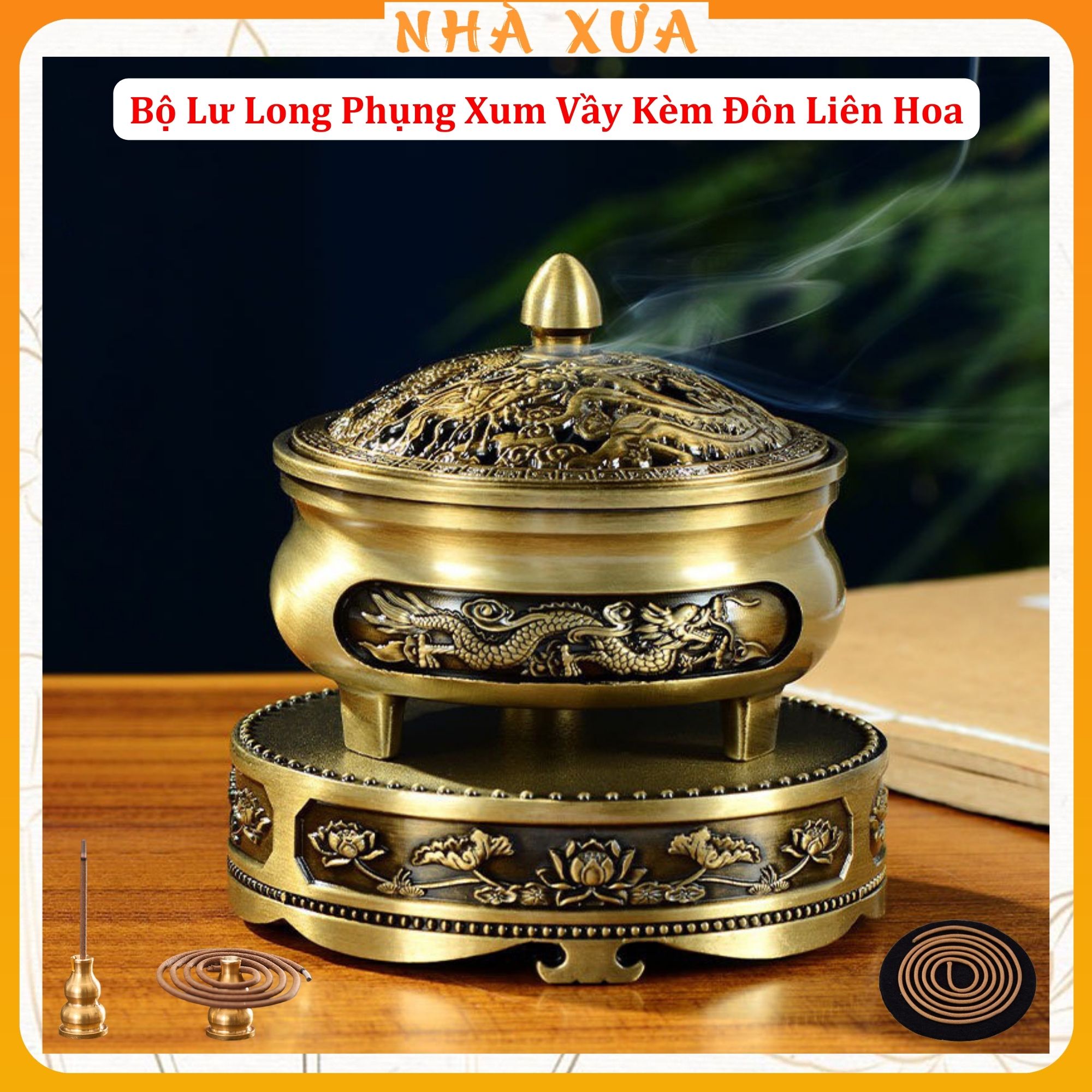 Lư Xông Trầm Hương Long Phụng Xum Vầy Và Đế Đôn Kê Lư Hương Liên Hoa - Thờ Cúng Phong Thủy - Thác Khói Trầm Hương