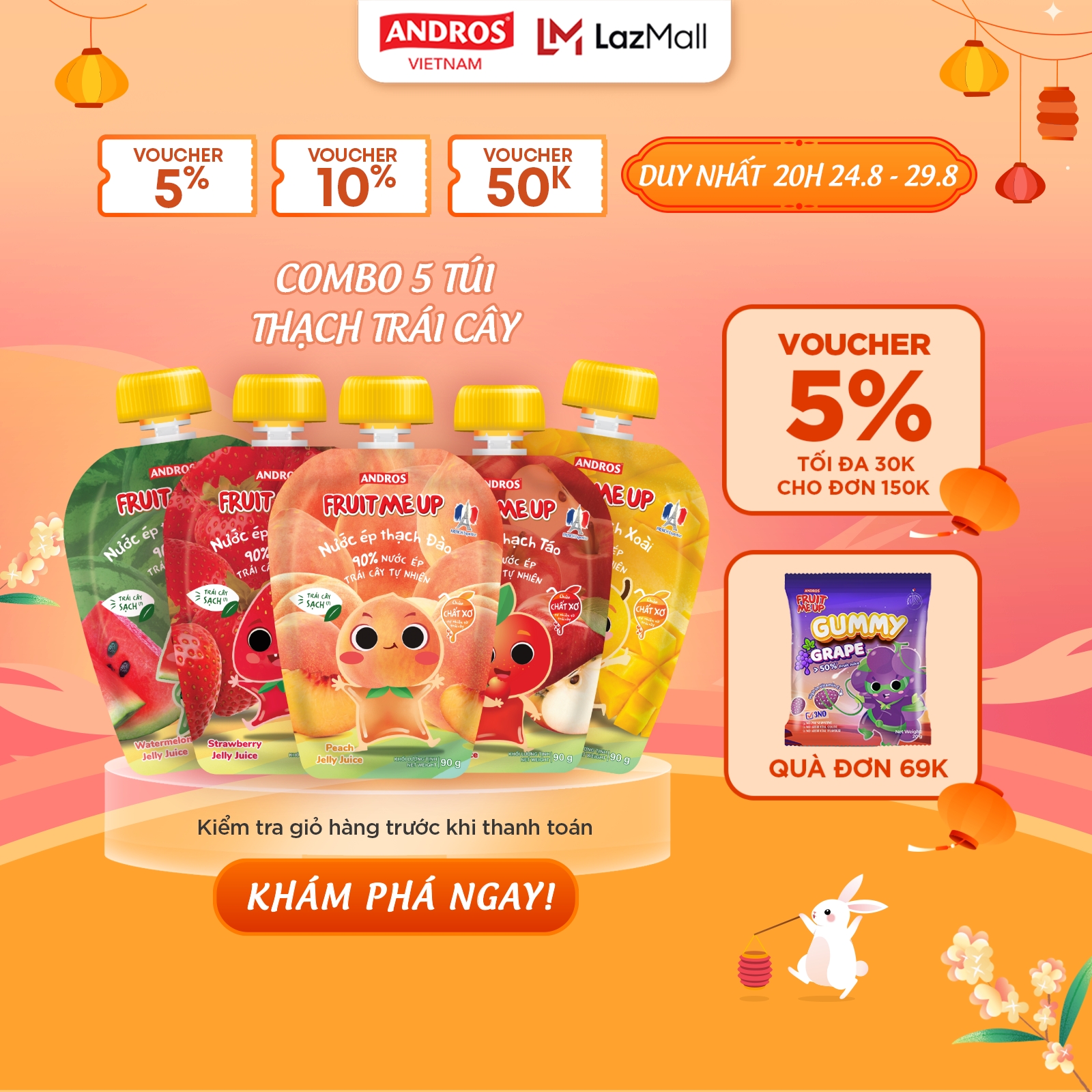 Combo 5 túi thạch trái cây - 90% nước ép trái cây thật - andros fruit me up- 90gx5