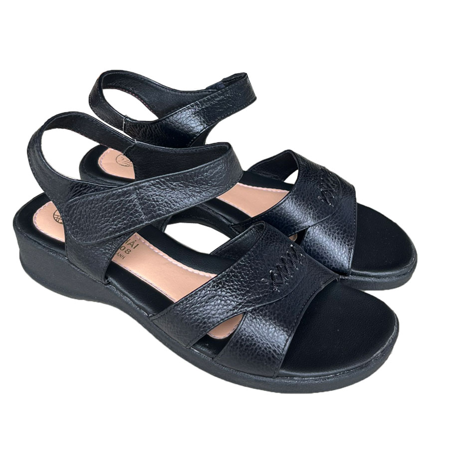 Xăng đan nữ đế bằng da bò đế cao 4cm màu đen Trường Hải XD140