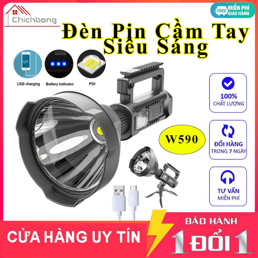 Đèn pin cầm tay siêu sáng chiếu xa 1000m có chân đế W590 chống thấm nước, Đèn pin tuần tra sạc điện 8000mAh, Đèn pin cắm trại dã ngoại, đèn pin câu cá siêu sáng công suất lớn