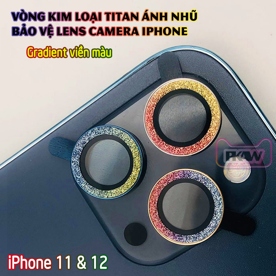 Tặng hộp đựng lens cao cấp - Vòng kim loại titan ánh nhũ bảo vệ camera điện thoại cho các dòng iphone 11/12/12mini/11pro/12pro/11promax/12promax - Nhũ Gradient Viền Màu.