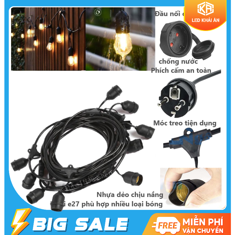 Bộ dây treo kín nước dài 5m 10 đuôi đèn e27. Trang trí sân vườn, decor trang trí ngoài trời