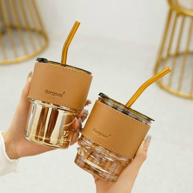 Ly thủy tinh bao da chịu nhiệt có ống hút 450ml