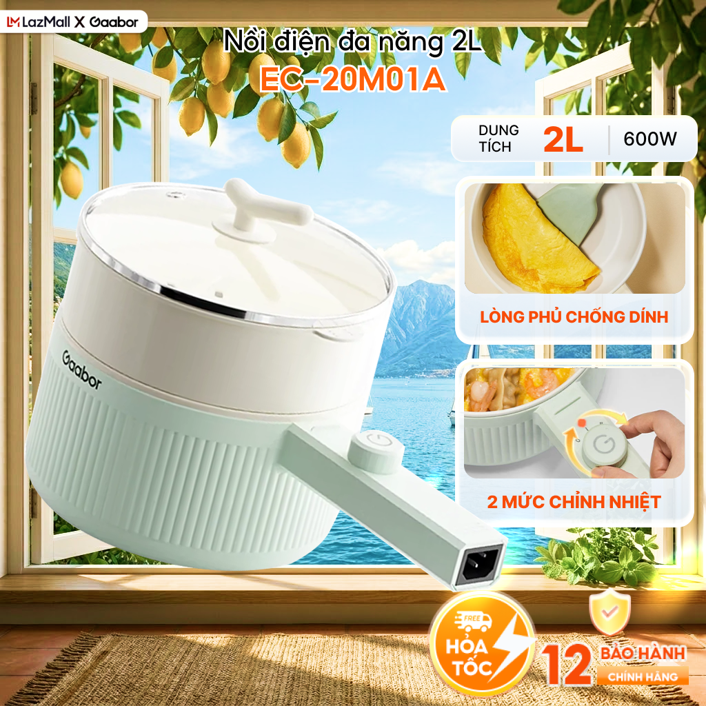 Nồi nấu đa năng dung tích 2L Gaabor EC-20M01A/EC-20E01B nồi lẩu hấp điện đa năng 2 mức nhiệt men chống dính kèm xửng hấp công suất 600W - Bảo hành 12 tháng 1 đổi 1