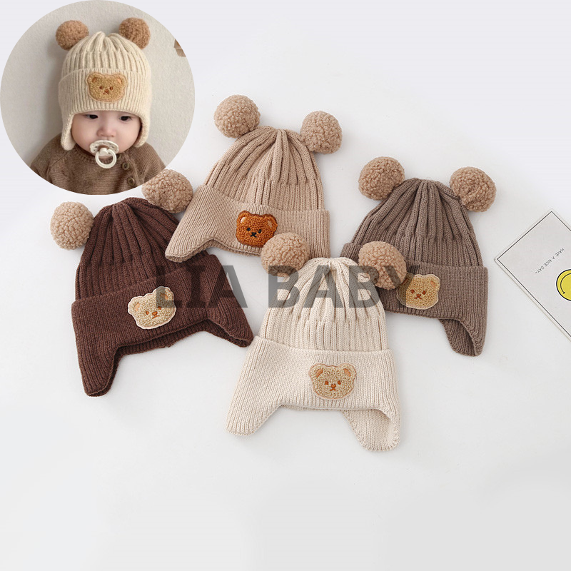 Nón mũ len bịt tai mùa đông hình gấu màu sắc vintage dễ thương cho bé