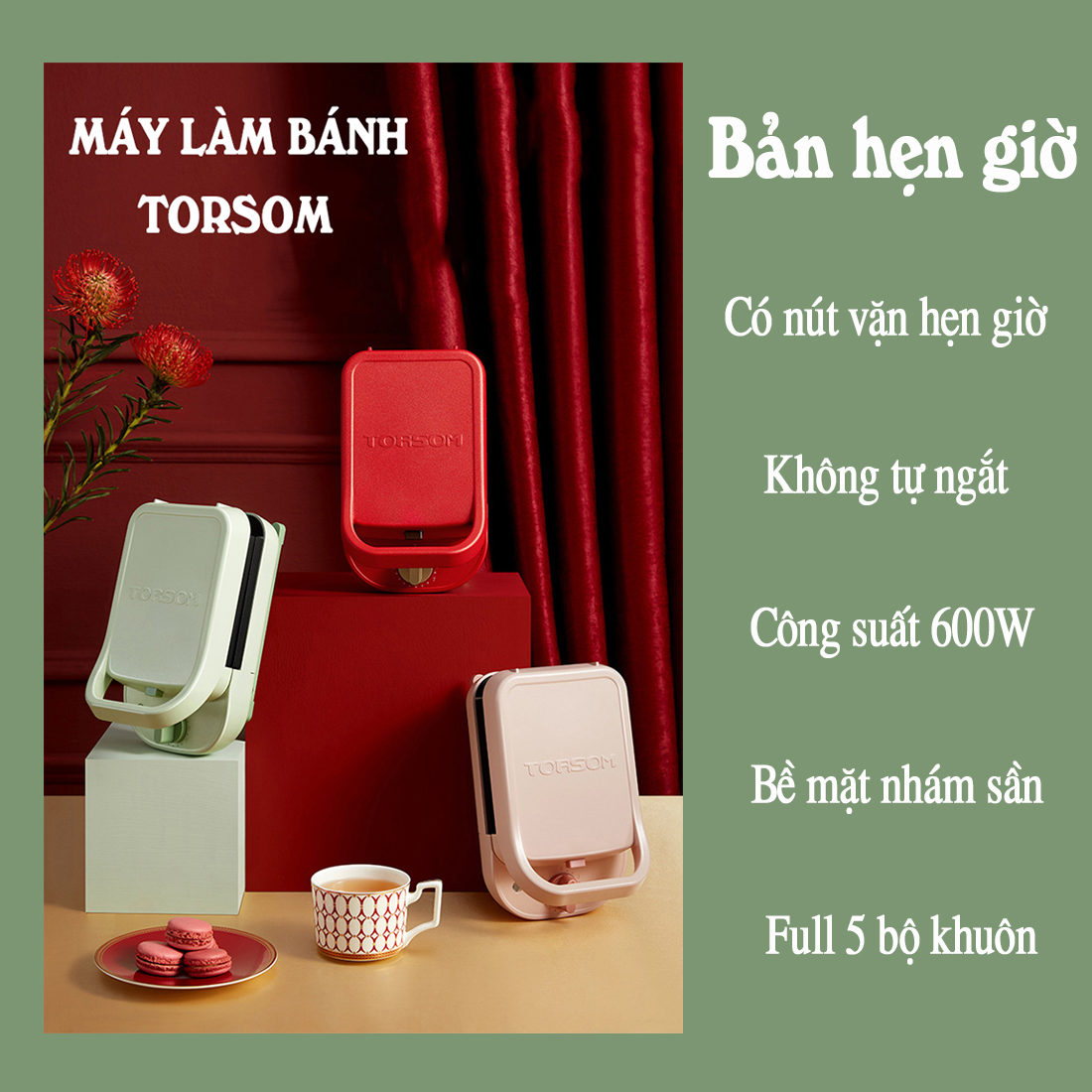 [BH 12 THÁNG] MÁY LÀM BÁNH TORSOM BẢN HẸN GIỜ - full 5 khuôn: khuôn sanwich, khuôn gấu, khuôn waffe, khuôn cá, khuôn trứng non