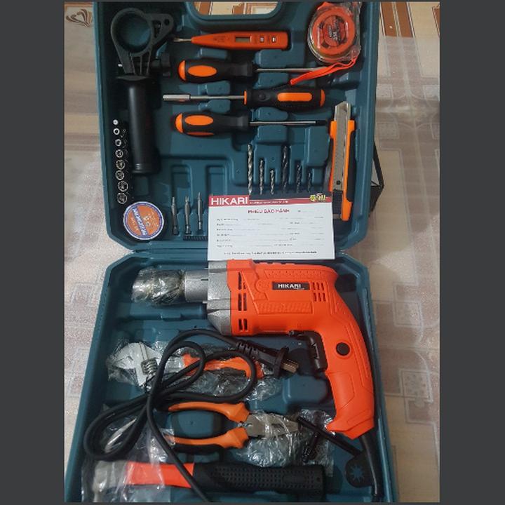 Máy Khoan Búa Thái Lan HIKARI 16ly 03-13B, 750W Lõi Đồng Có Chổi Than, Khoan Sắt, Khoan Tường Khoan Gỗ - Bộ Khoan Đầy Đủ 31 Chi Tiết