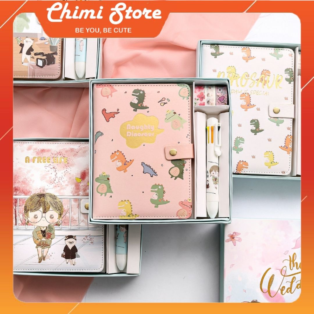 [ Hàng đẹp + tặng quà 10k] Sổ nhật ký Chimi PK001 phong cách vintage kèm bút bi 8 màu và 3 cuộn washi tape cho bé gái, quà tặng móc khóa Arcylic 10K