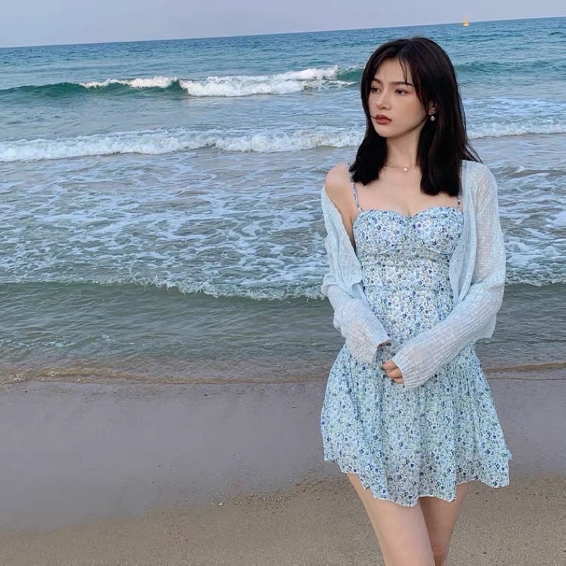 Váy 2 dây hoa nhí màu xanh, đầm hoa nhí 2 dây màu xanh lam