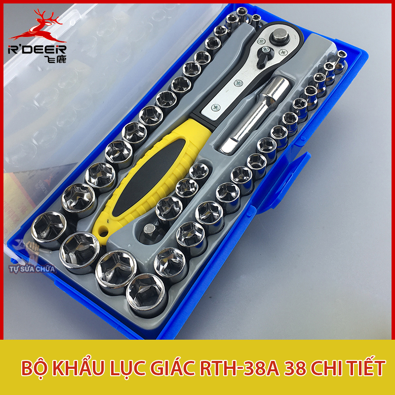 Bộ khẩu 38 chi tiết nhập khẩu bằng thép chrome vanadium 1/4 3/8 rdeer rth-38a kèm hộp đựng, bộ tuýp 38 chi tiết
