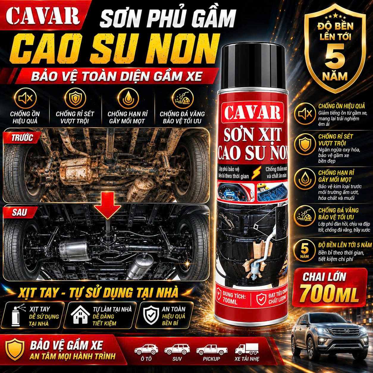 [2 Chai] Xịt phủ gầm ô tô Cavar cao su non  Chống rỉ – Cách âm – Giảm ồn  Tiện lợi – Dễ sử dụng tại nhà- phủ gầm ô tô