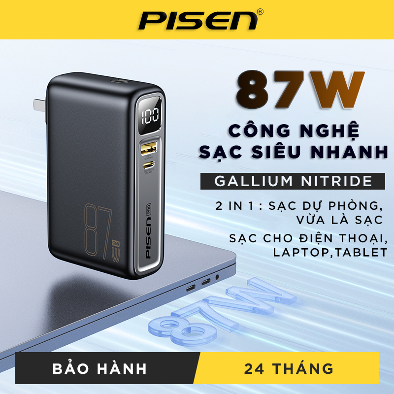 [20H 6/7 - 9.7 Nhập 77LAZSOCIAL80K Voucher giảm 12% đơn từ 250K tối đa 80K]Sạc dự phòng có chân cắm, sạc nhanh , Điện bá đạo PISEN QUICK - High Power Box sạc Laptop,  iPhone, Android, 87W 22.5W 20W  sạc an toàn, bảo vệ máy, chống chai pin - Chính hãng, có