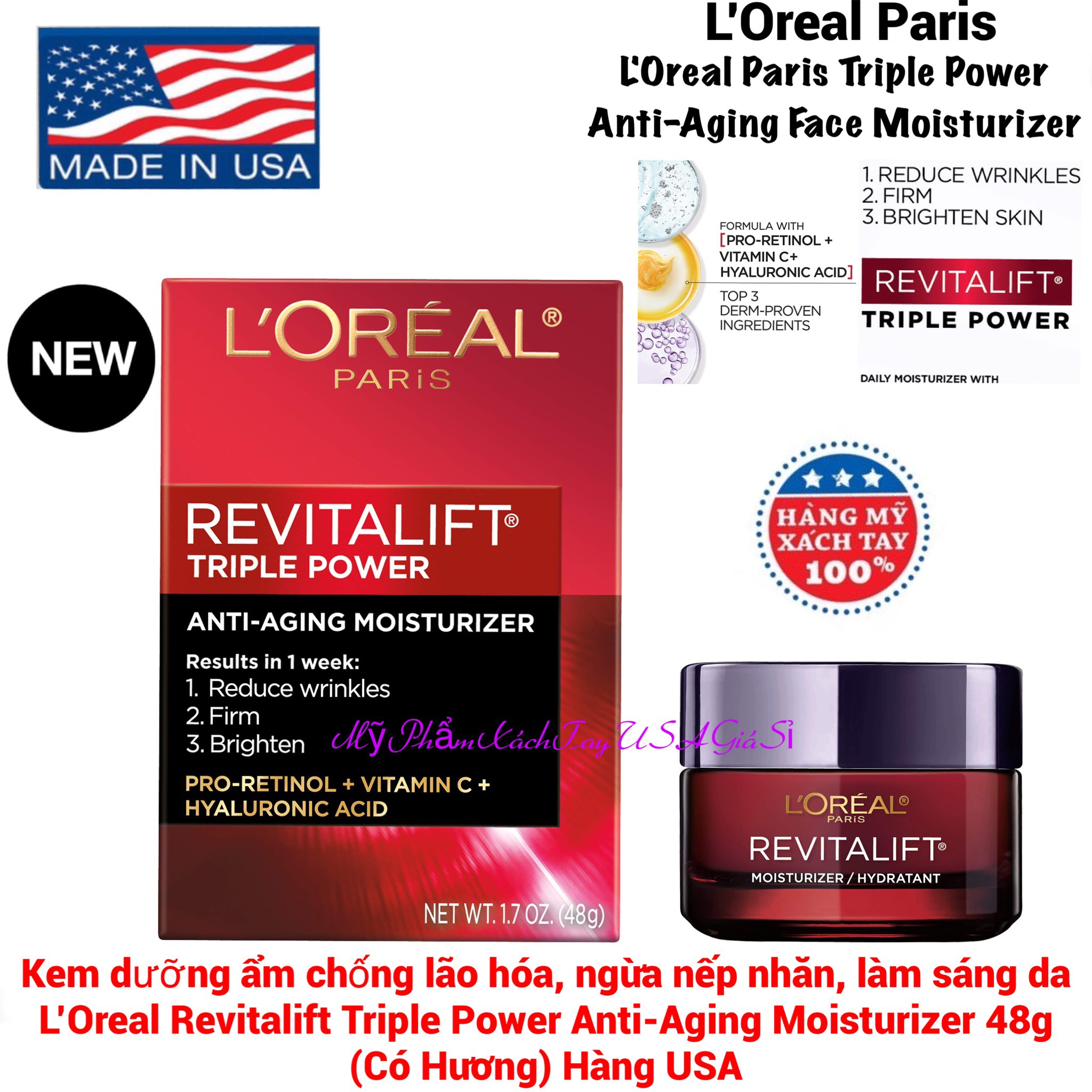 Kem dưỡng ẩm chống lão hóa, ngừa nếp nhăn, làm sáng da LOreal Revitalift Triple Power Anti-Aging Moisturizer 48g Hàng Mỹ