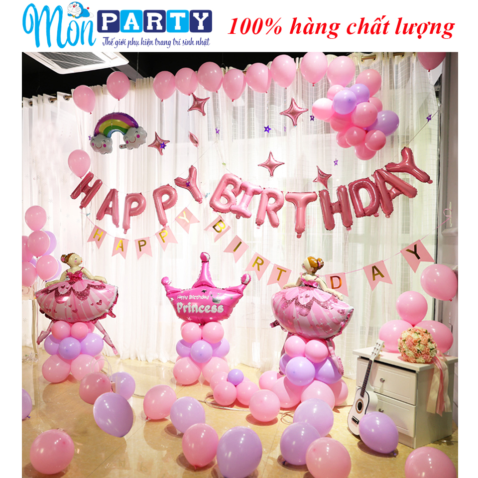 Set bóng sinh nhật cho bé gái, trang trí sinh nhật màu hồng pastel set bóng sinh nhật công chúa y ảnh tặng kèm bơm và băng dính