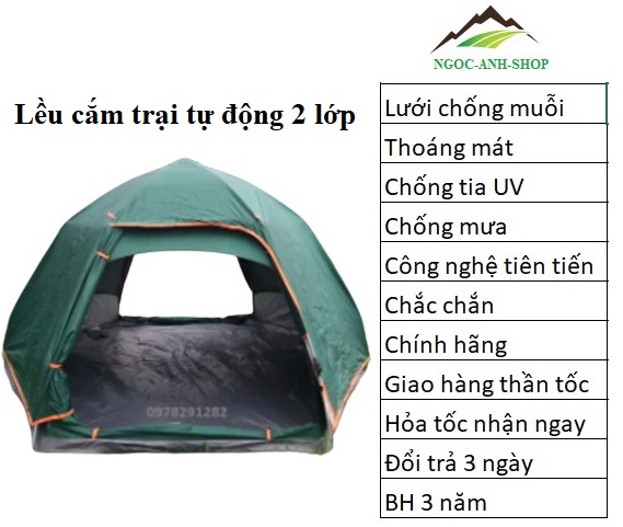 Lều cắm trại bật mở tự động 5 người 2 lớp chất lượng cao, lêu tự bung ch gia đình
