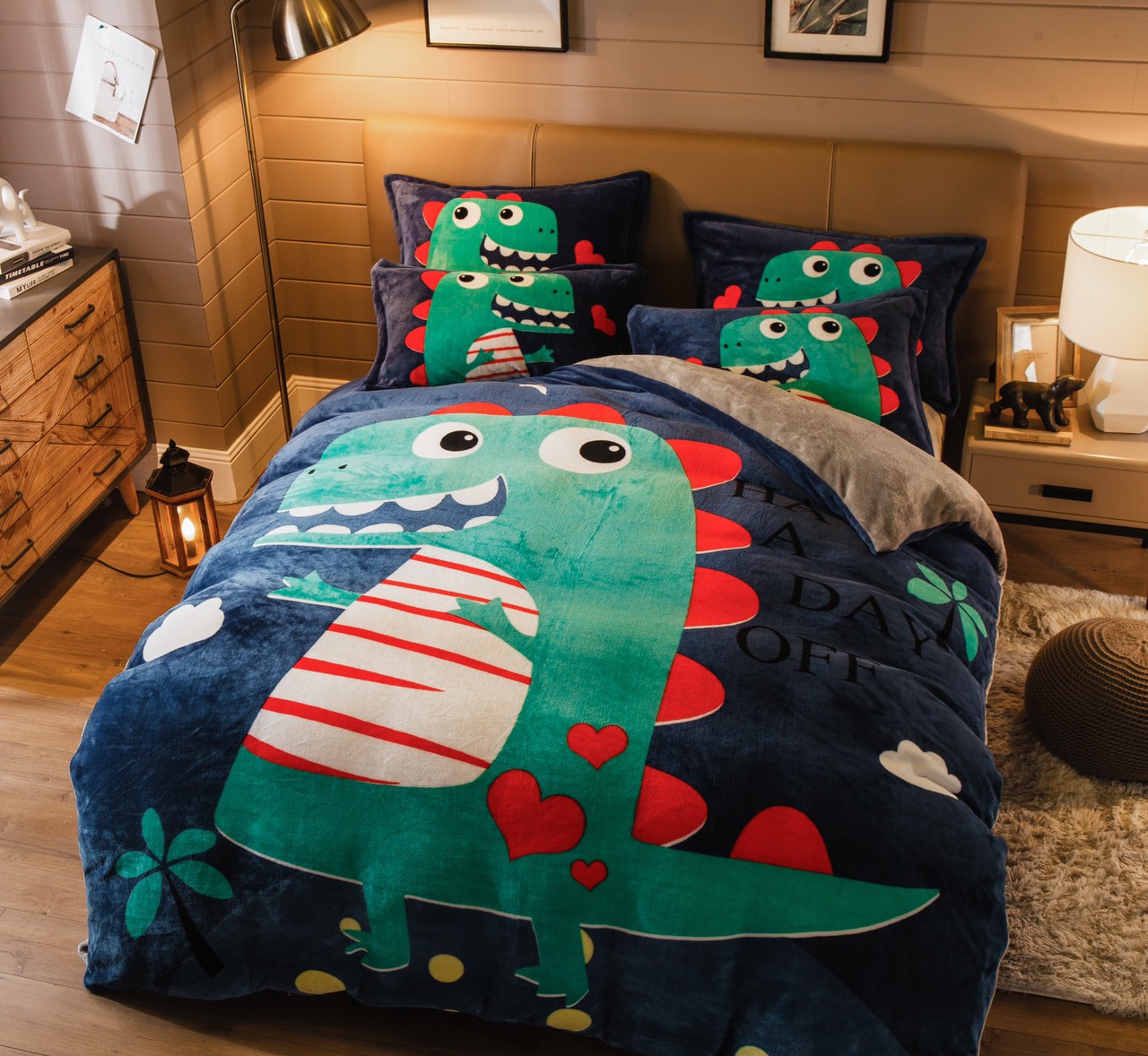 Bộ chăn ga gối nỉ nhung cao cấp mịn  5d hình khủng long vây đỏ