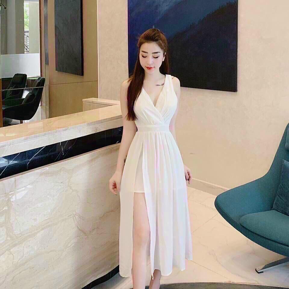 Đầm maxi đi biển và dạo phố cổ tim tùng xếp ly chất liệu voan chingfon thoáng mát
