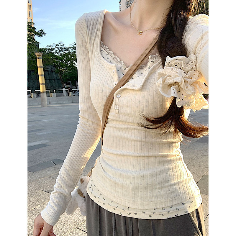 Dục Vọng Thuần Khiết bm Áo dài tay giả hai mảnh ren Feng Lei T Áo khoác nữ mùa thu phong cách Pháp, vừa vặn, mặc trong, ngọt ngào và cay nồng, áo đơn giản