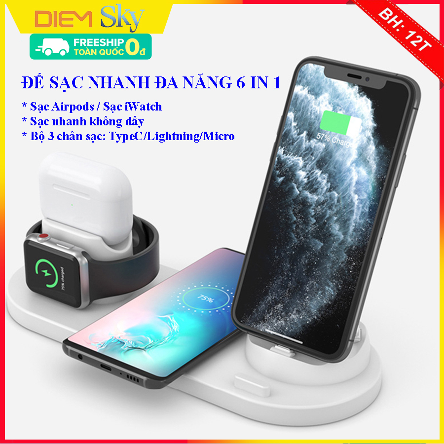 Đế sạc không dây đa năng 6 trong 1. Đế sạc nhanh không dây, sạc được điện thoại samsung, iphone, iwatch, Airpods.  Sạc được nhiều thiết bị cùng lúc