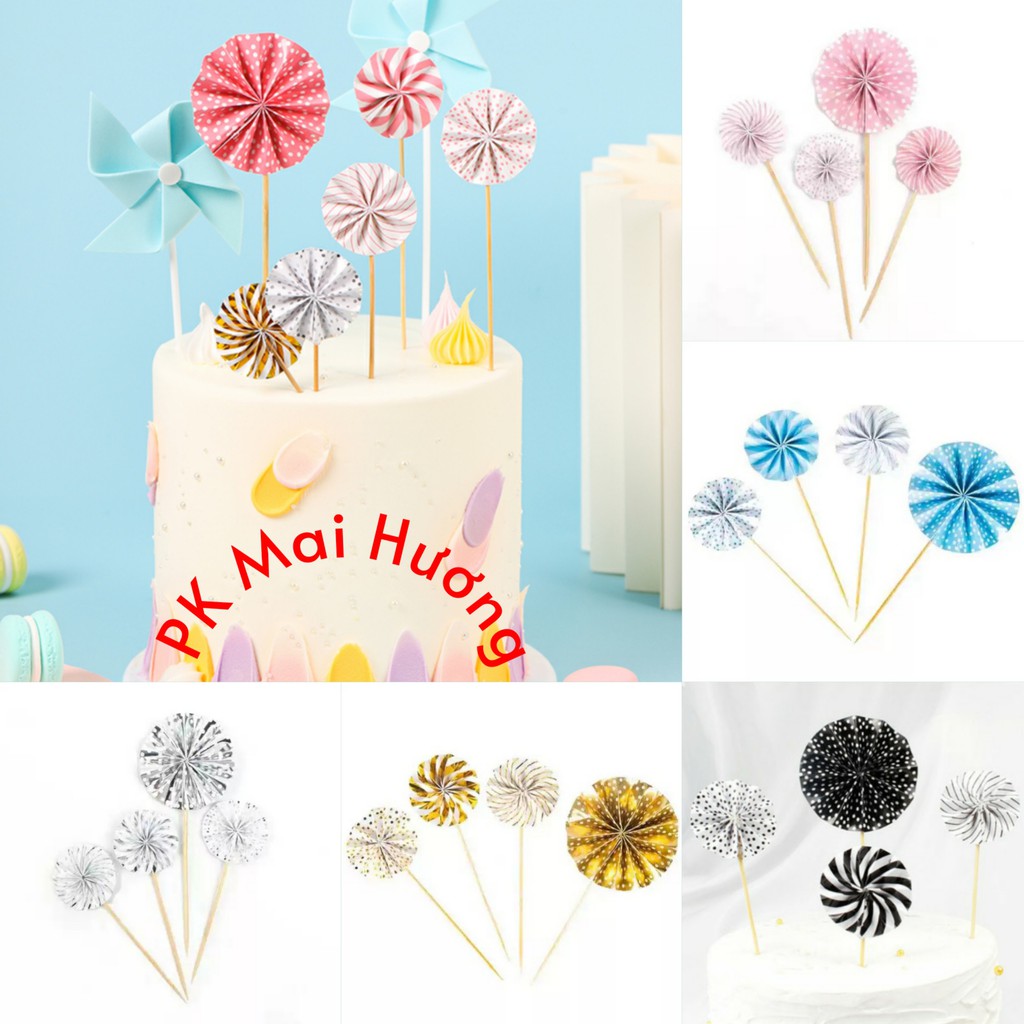 Phụ kiện trang trí bánh sinh nhật bánh kem - set 4 quạt giấy hình hoa mặt trời