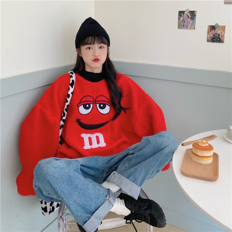 ▬◇  Áo Sweater Tay Dài Cổ Tròn Dáng Rộng Có Miếng Đệm Dễ Thương Xinh Xắn Cho Nữ
