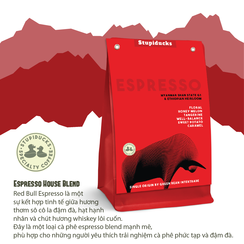 Cà phê Arabica Espresso Red Bull Đậm Vị Chocolate- Stupiducks silver blends (250gr)