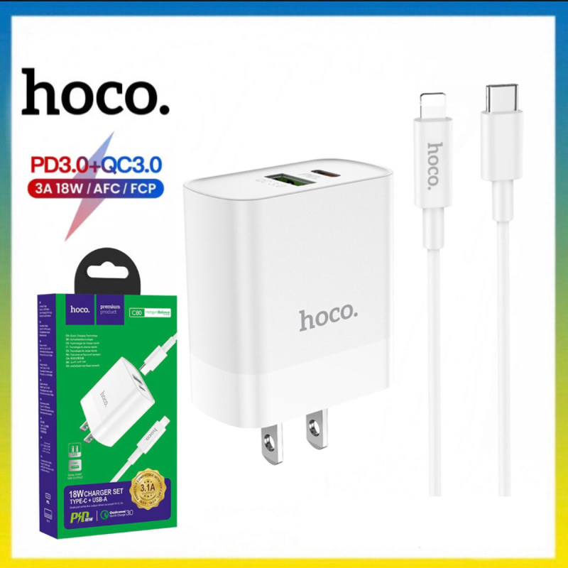 Bộ cốc sạc 2 cổng usb và pd kèm cáp sạc type c- hoco c80 qc3.0 và pd20w