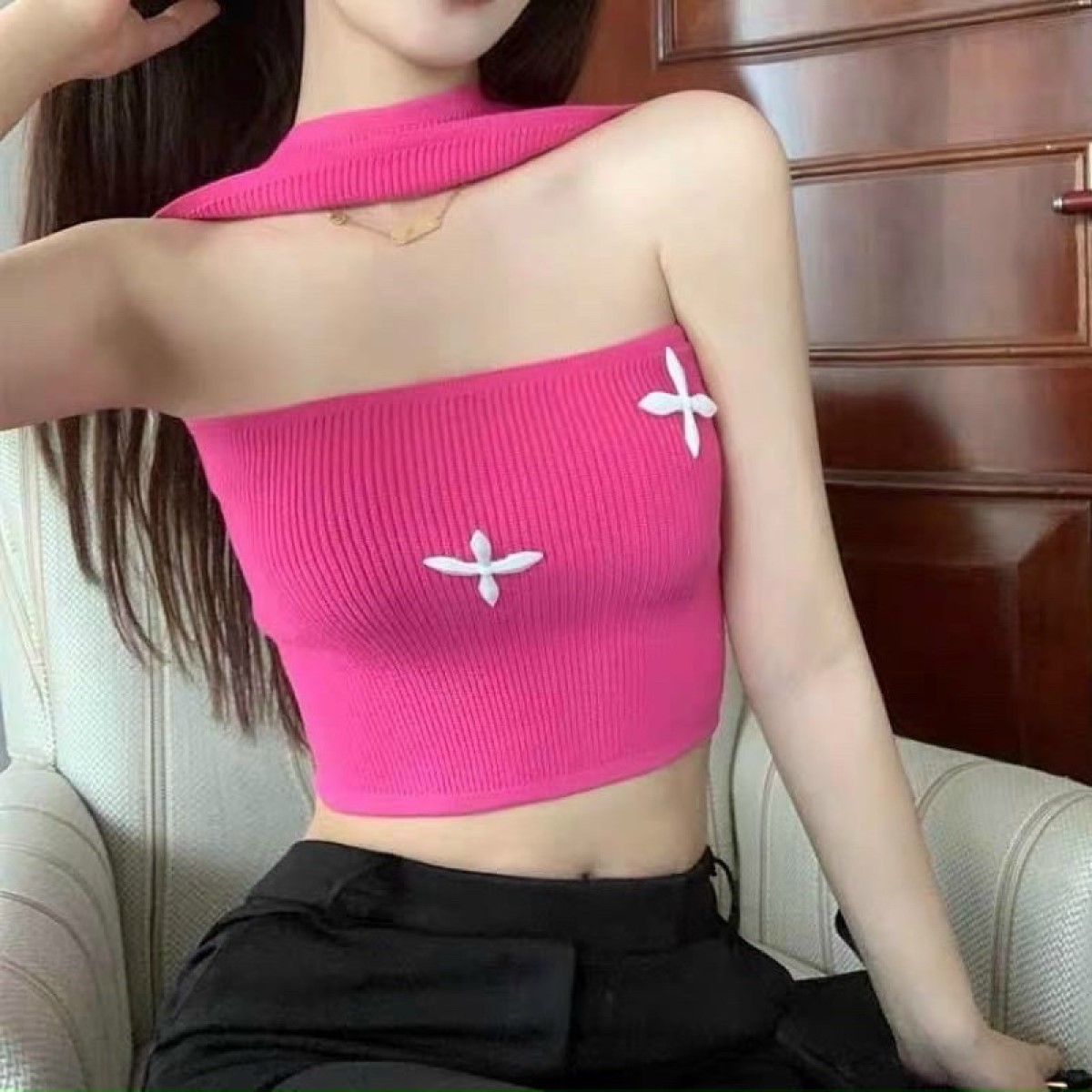 Áo ống phối dây choàng thêu chữ thập chất vải thun gân len 4 chiều