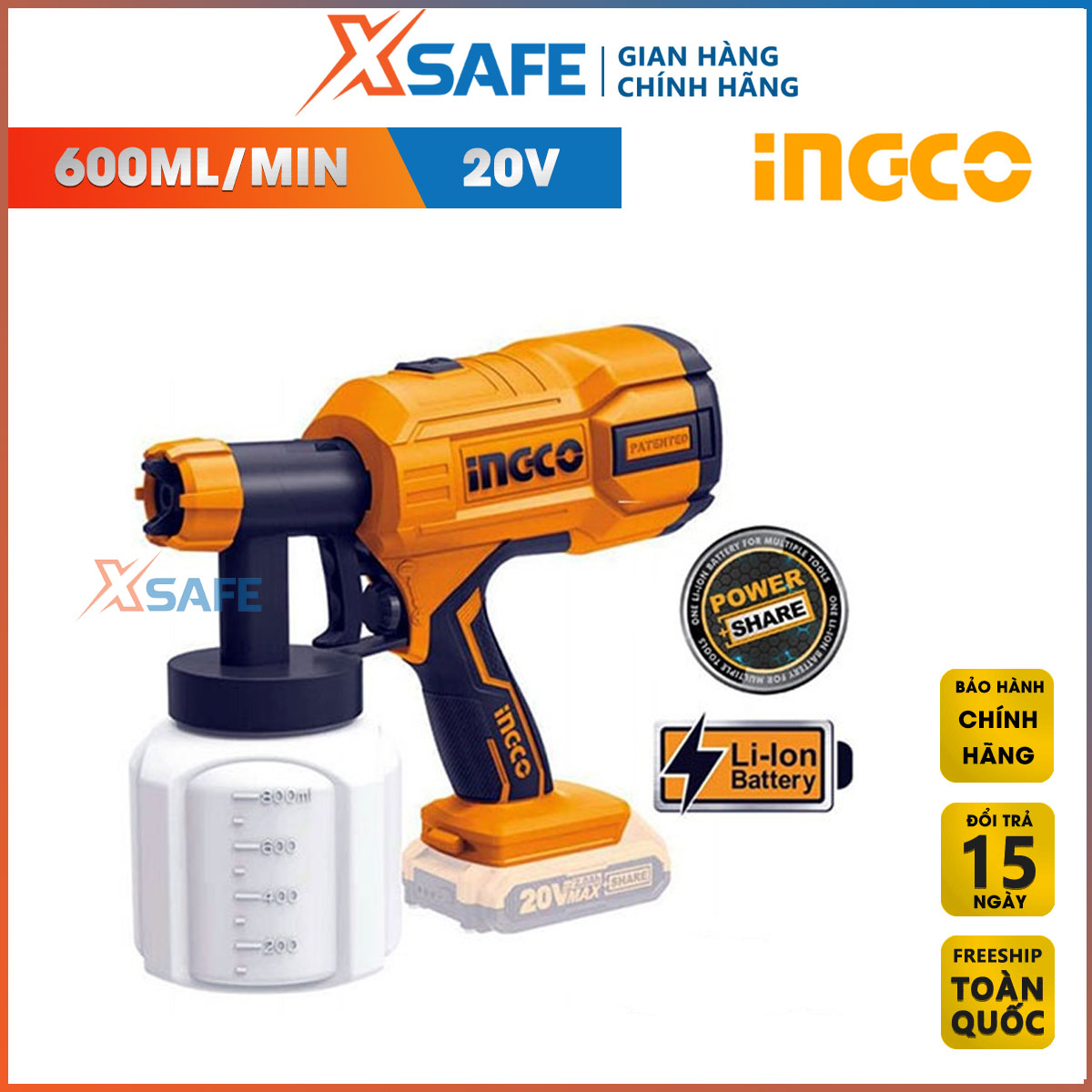 Súng phun sơn dùng pin Lithium 20V INGCO CSGLI2001 Súng sơn cầm tay phụ kiện kèm theo gồm 1 cốc lường độ nhớt và 1 kim làm sạch vòi phun
