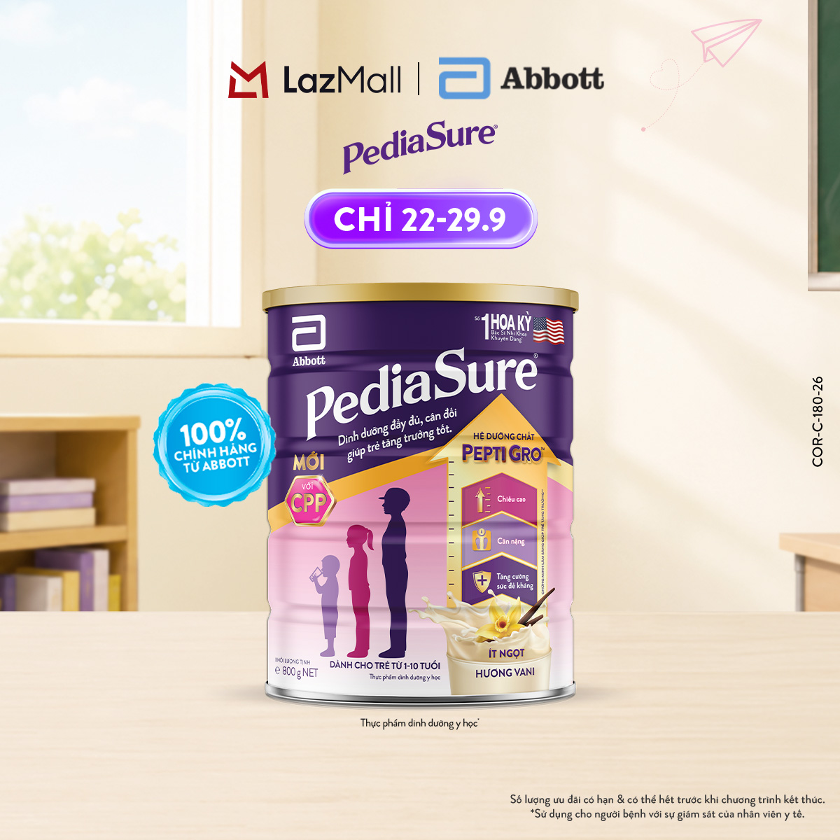 Lon sữa bột Pediasure hương vani ít ngọt 800g (mẫu mới)