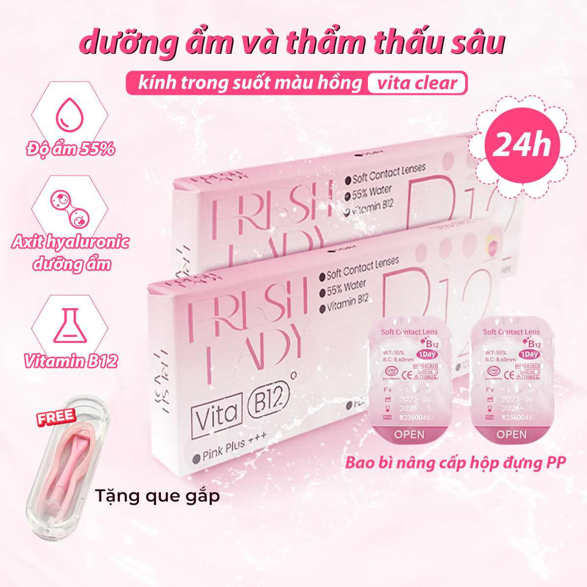 kính áp tròng trong suốt B12 Fresh Lady Daily Replace 10 chiếc 1-7 độ Lens 1 ngày Vita Clear Độ ẩm 55% (Mua ngay que gắp)