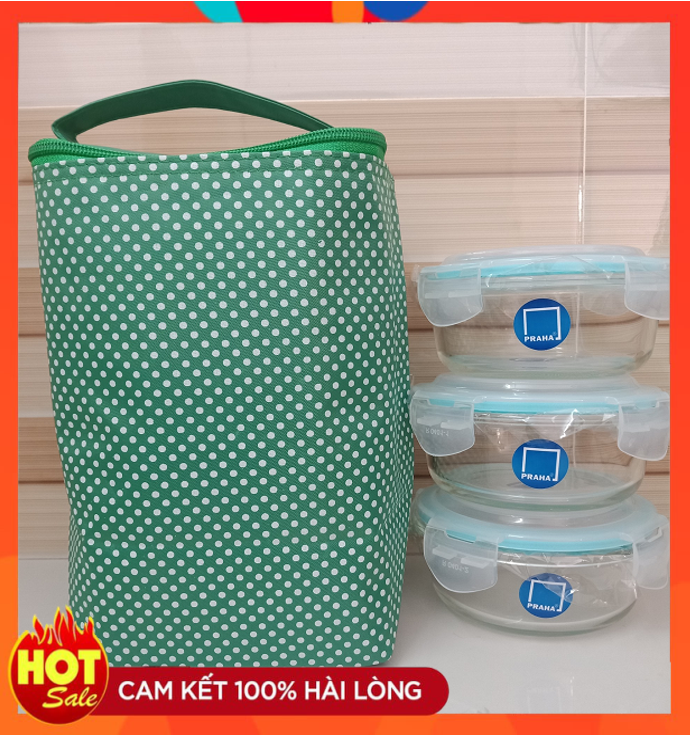 Combo 3 hộp thủy tinh cao cấp Praha 400ml tặng kèm túi giữ nhiệt - Hộp đựng cơm lock&lock
