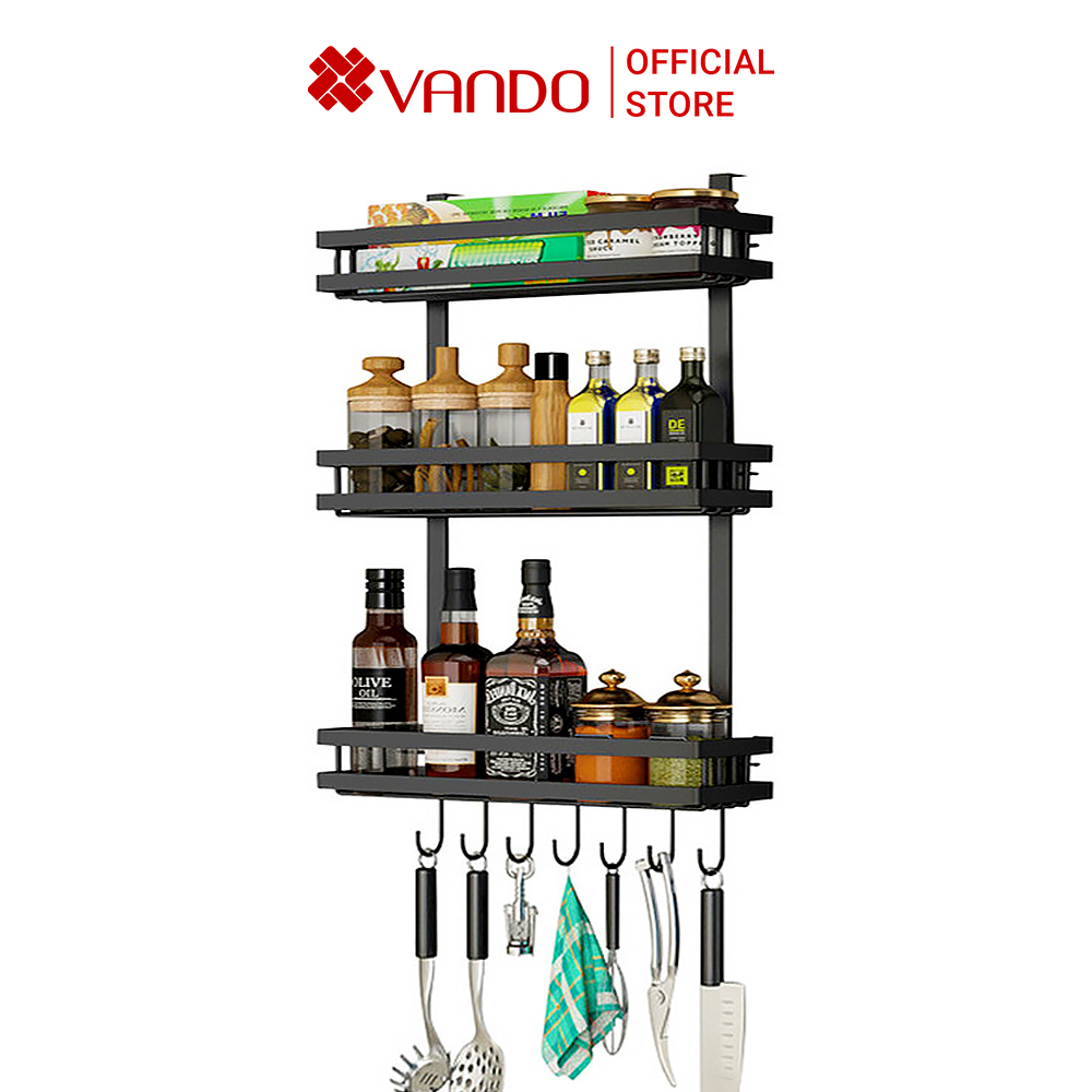 Giá Treo Kệ Để Đồ 3 Tầng 7 Móc Treo Chính Hãng VANDO Có Thanh Đỡ Dán Vách Tủ Lạnh - Tiện Lợi, Chắc Chắn, Bền Bỉ, Chịu Lực Đến 30KG
