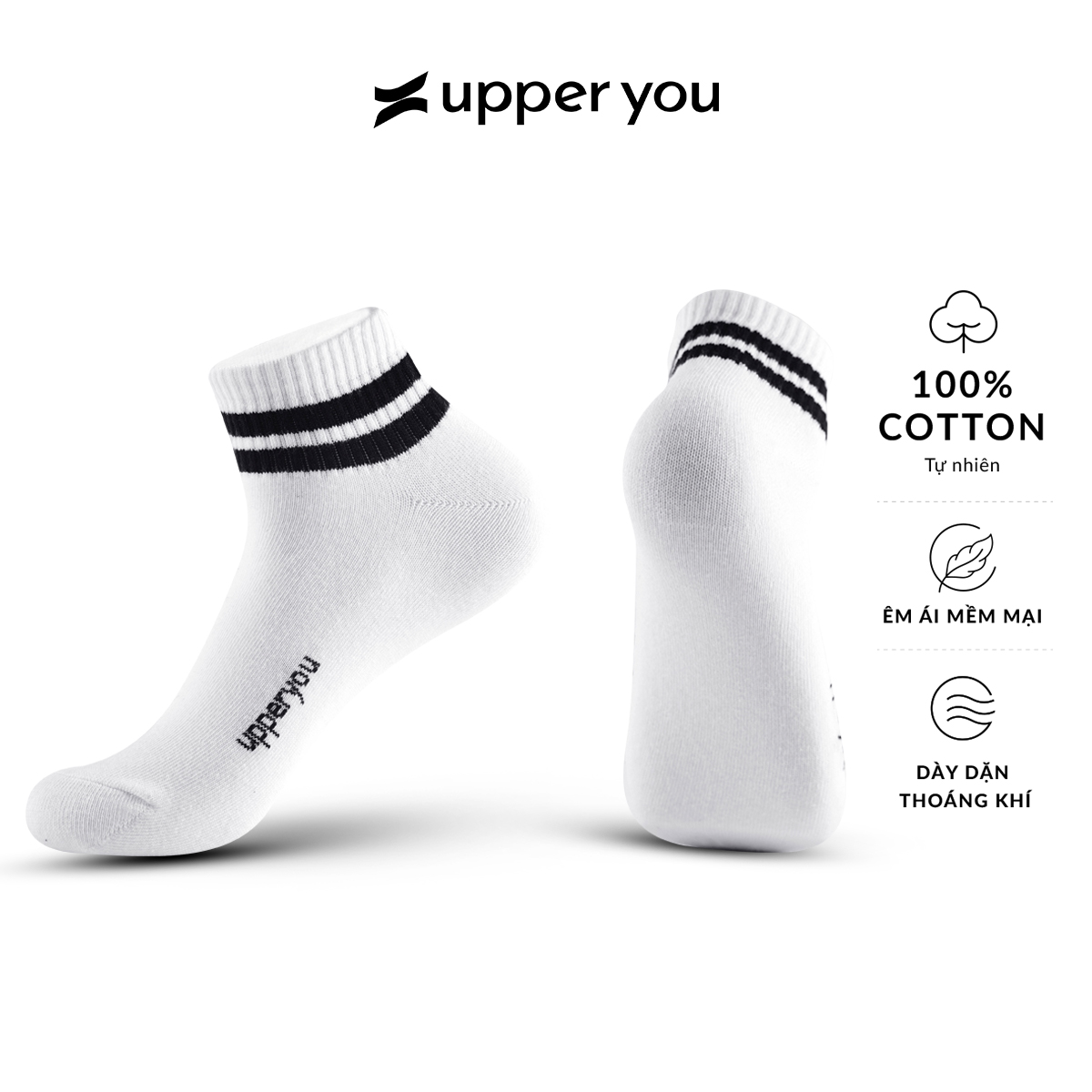 Tất Vớ Nam Nữ Cổ Ngắn UPPER YOU Cotton Tự Nhiên Kẻ Sọc Thời Trang 2 Màu Đen Trắng Dày Dặn Êm Ái Thoáng Khí Khử Mùi - BSF2002