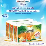 [COMBO 3 LỐC] Giấy vệ sinh PREMIER VinaRoll không lõi, 3 lớp - 100% bột giấy nguyên sinh, không chất tẩy, 6 cuộn/lốc - Chính hãng