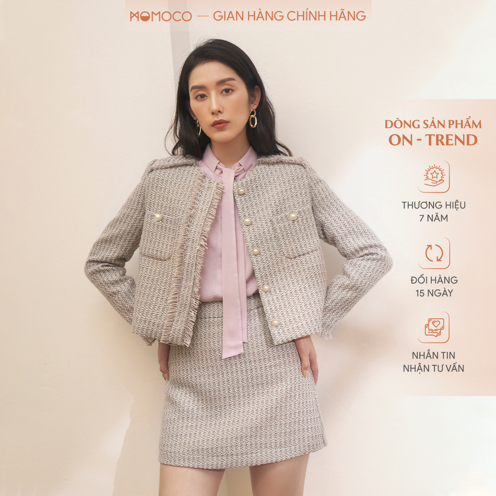 Set Áo Khoác Jacket Và Chân Váy Chữ A MOMOCO M2746 Chất Vải Dạ Tweed Lót Lụa Ấm Áp Giữ Phom Thiết Kế Dáng Suông Viền Tua Rua Thanh Lịch