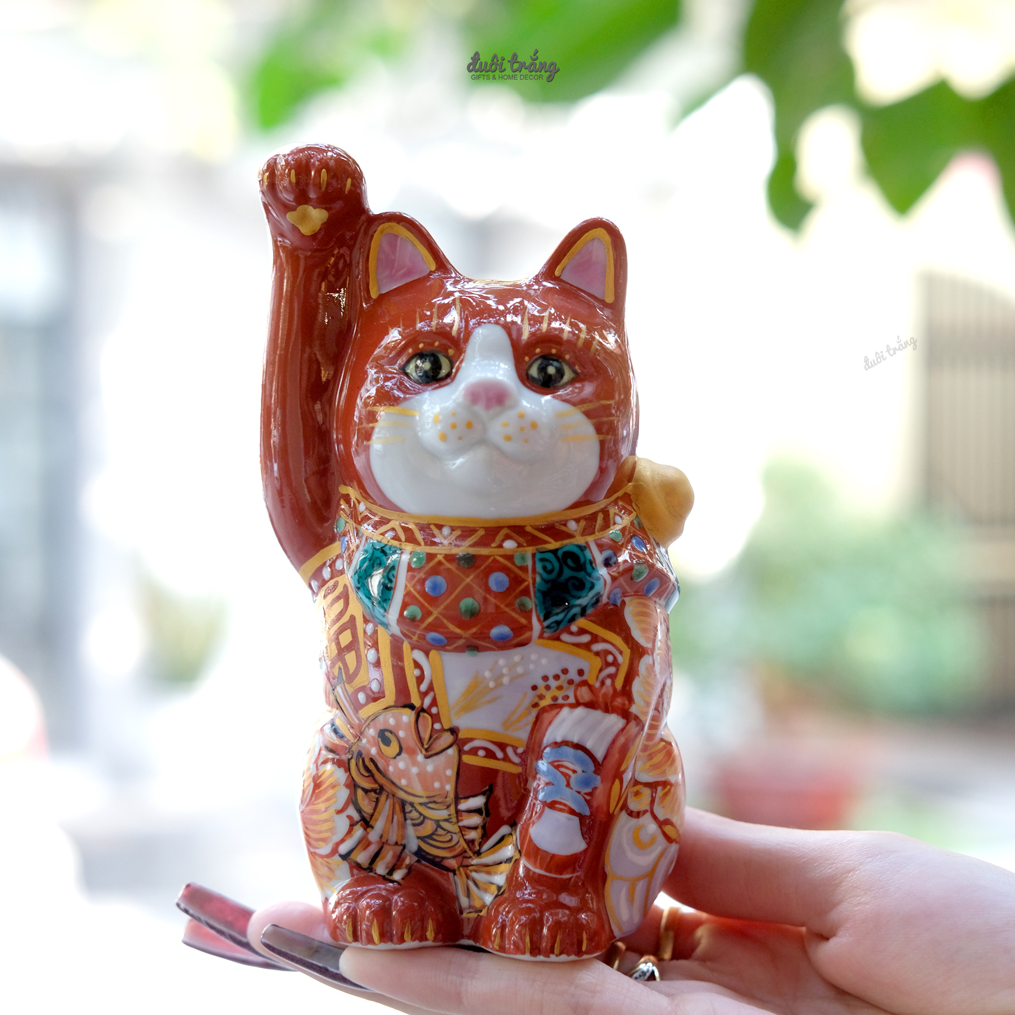 Mèo thần tài kutani giơ tay phải cá tráp đỏ 14cm - k8-1491