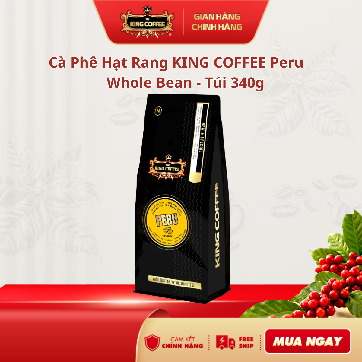 Cà phê hạt rang King coffee Peru whole bean coffee - Túi 340g