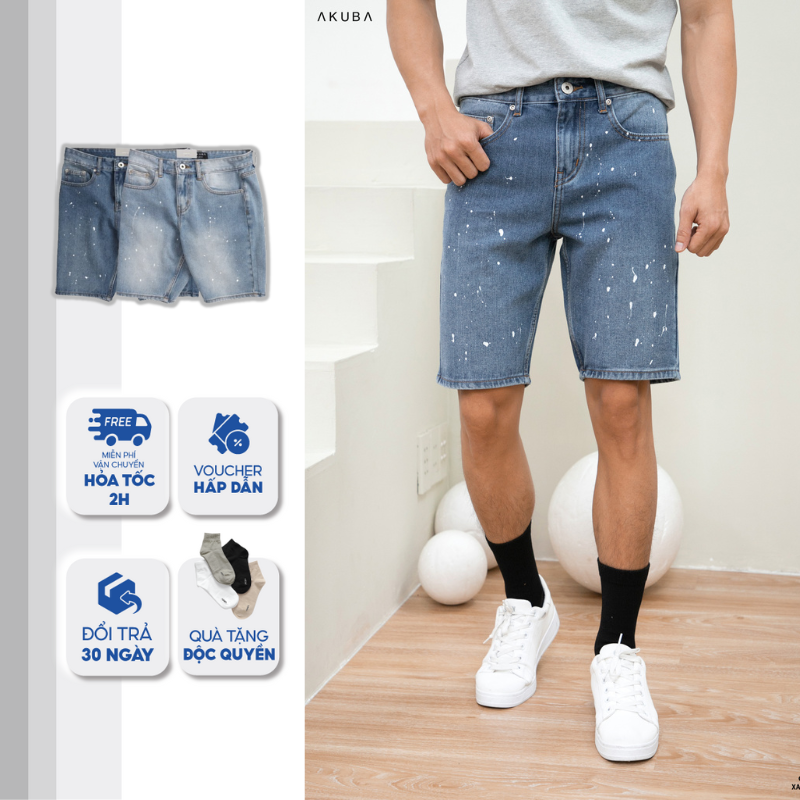 Quần short nam AKUBA form slimfit vải jean dày dặn, bền màu và giữ form tốt, thấm hút mồ hôi hiệu quả | 01D0534