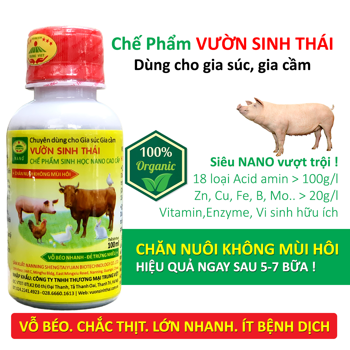 Chế phẩm sinh học VƯỜN SINH THÁI dùng cho Chăn nuôi Gia súc, Gia cầm. Không mùi hôi chuồng trại. Vỗ béo, tăng trọng nhanh