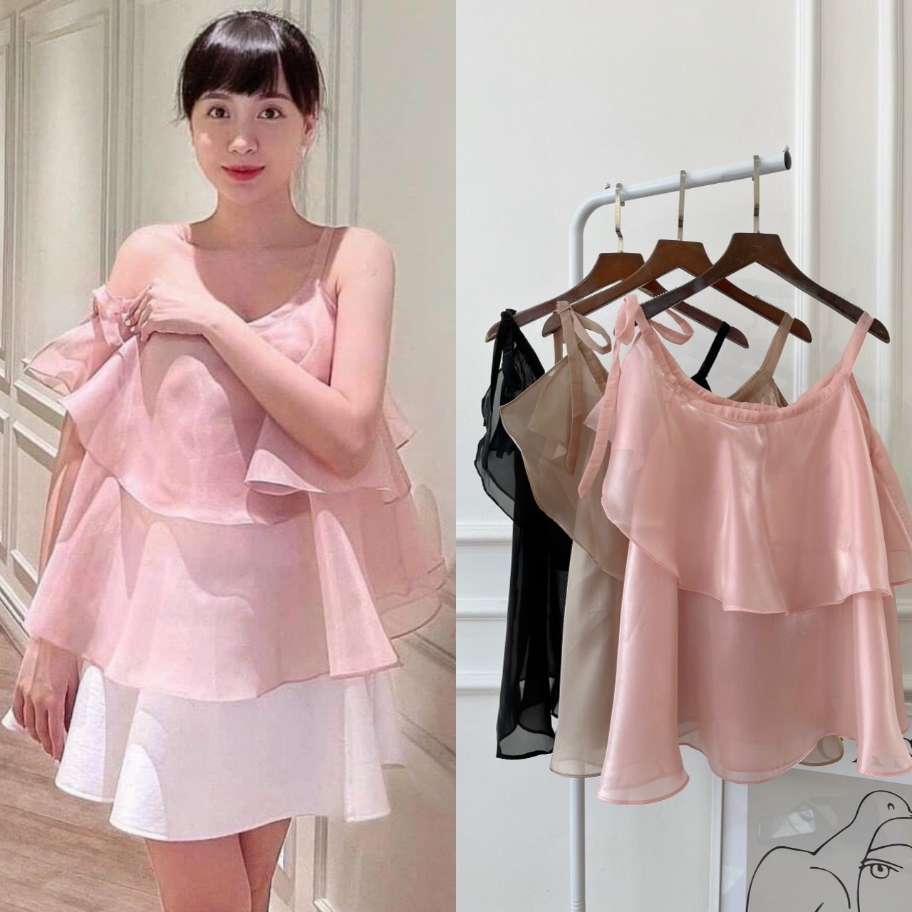 Áo 2 dây bèo cột nơ lệch tà chất oganza xịn