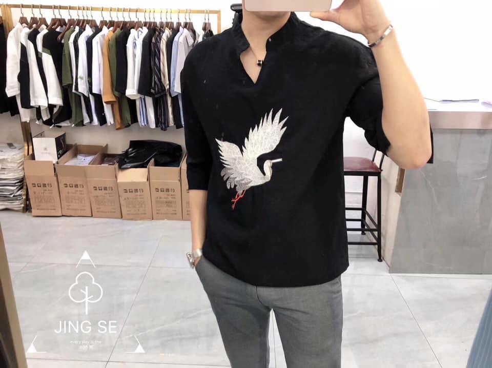 Áo sơ mi nam nữ chất xô đũi free size dưới 65 kg thêu hình cao cấp siêu hot keny36 shop