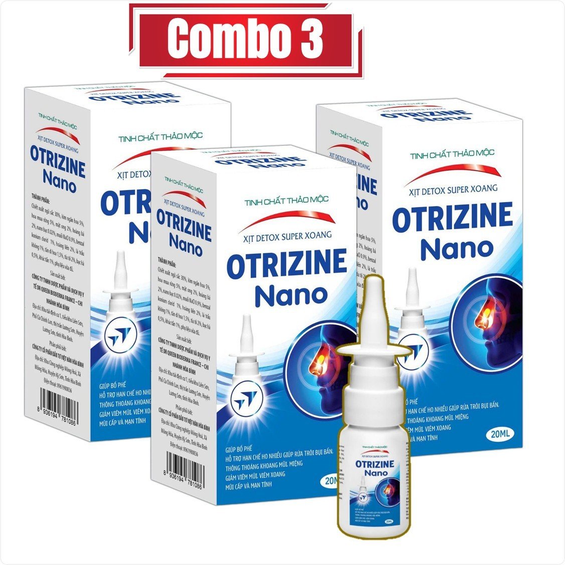 Combo 3 hộp Xịt Xoang Otrizine Nano giúp làm giảm các triệu chứng của viêm