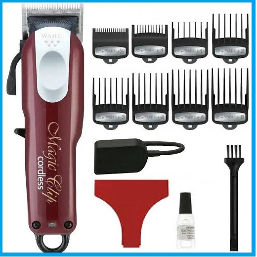 Tông đơ magic clip màu đỏ lưỡi kép bộ sản phẩm đầy đủ phụ kiện 8 cữ gá thép