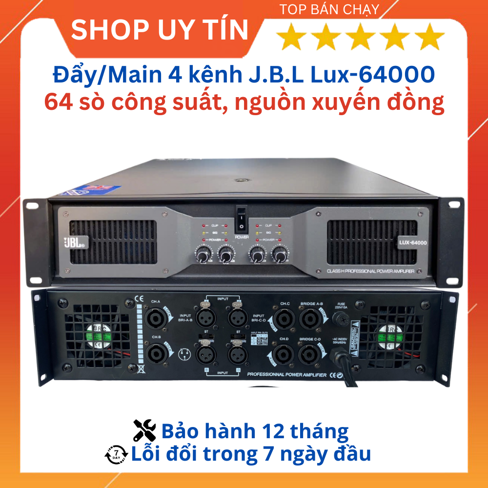 Cục đẩy công suất 4 kênh thương hiệu JBL LUX-64000, mẫu mới 2025 ( 64 sò ) chuyên dùng gia đình,phòng trà,quán ăn...Bảo hành 12 tháng