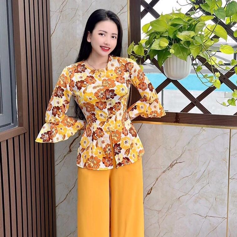 Bộ bà ba tay loe họa tiết hoa cách tân chất vải lụa mềm mịn đủ màu đủ size - 009