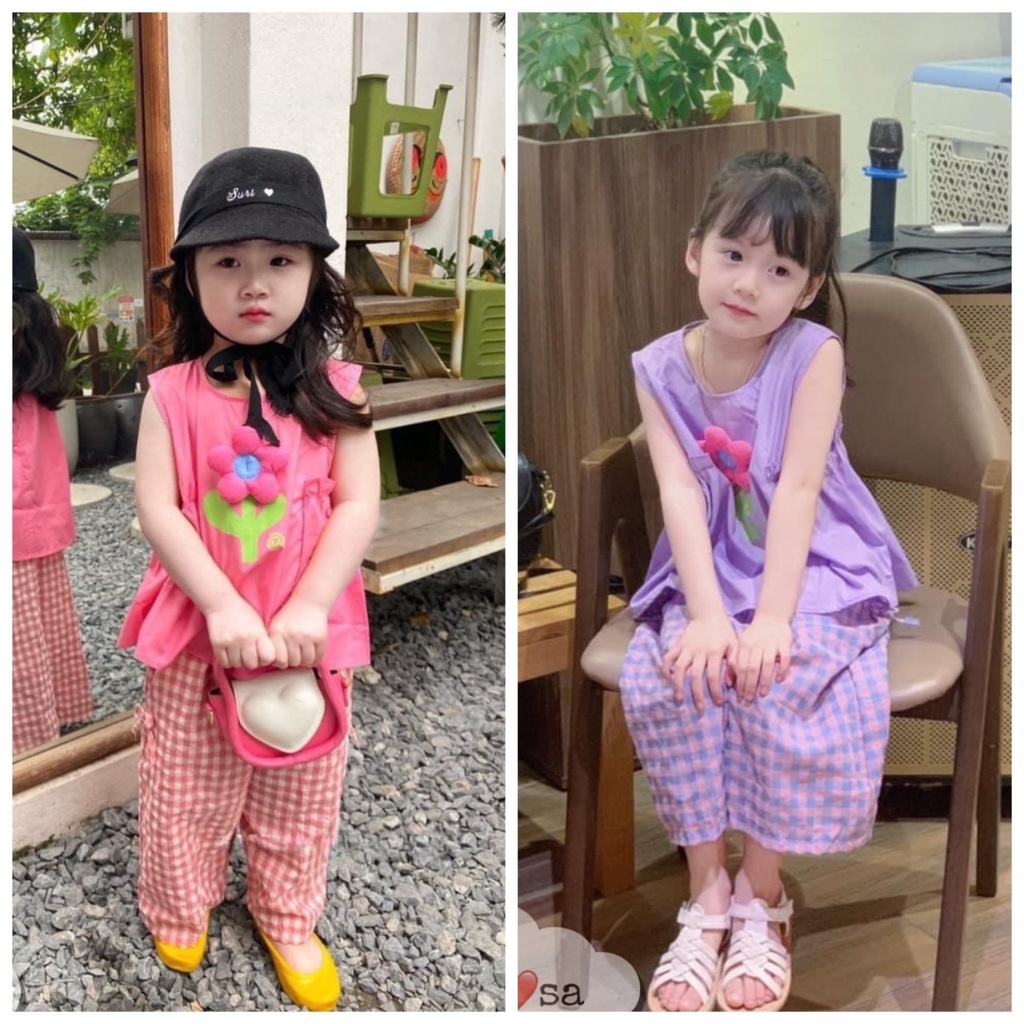 Bộ quần áo hồng tím đính bông hoa nổi kute dành cho bé gái 8-25kg