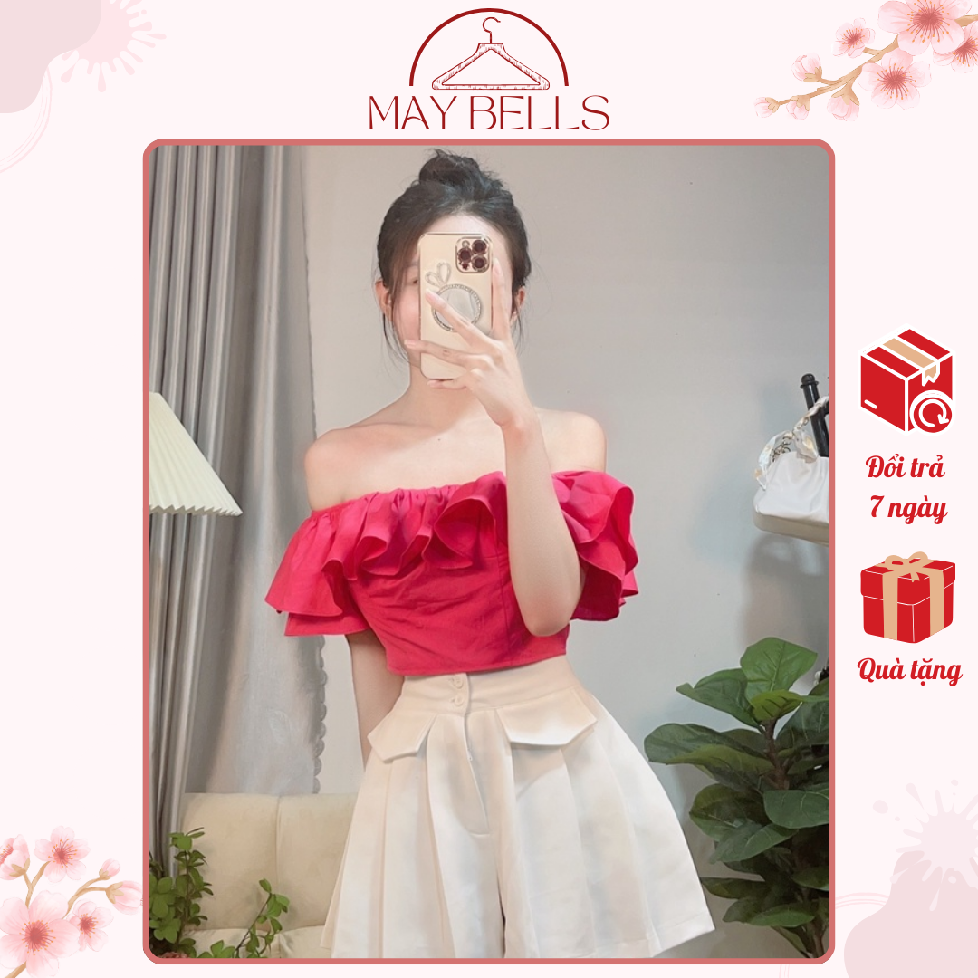 Áo trễ vai croptop tay bèo 2 tầng, áo bẹt vai dáng ngắn croptop bèo lụa cát hàn dễ thương đi biển
